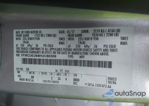 2017 Ford Escape Titanium z USA, uszkodzony, nr VIN 1FMCU0J94HUC80309